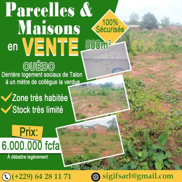 PARCELLE À  OUÉDO  500m² | Zone ultra-habitée | Titre sécurisé