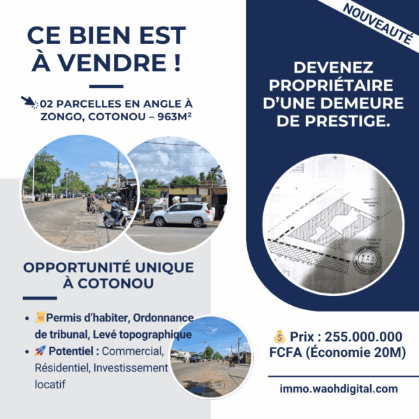 2 Parcelles en Angle à Zongo, Cotonou – 963m² – Permis d’Habiter – Prix Choc : 255M FCFA (Économisez 20M FCFA)