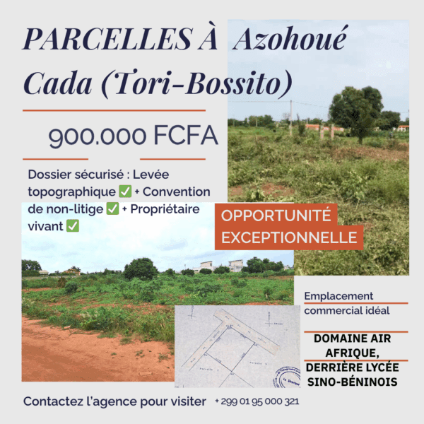 🔥 Terrain à Azohoué Cada (Tori-Bossito) - 900.000 FCFA (Prix Urgence) - Levée Topo ✅
