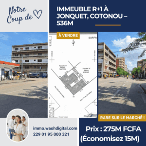 Immeuble R+1 à Jonquet, Cotonou – 536m² – Succession Régularisée – Prix Exceptionnel : 275M FCFA (Économisez 15M FCFA)