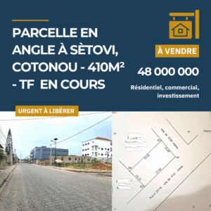 Parcelle en Angle à Sètovi, Cotonou - 410m² - TF Personnel en Cours - Bordure Pavée - Promotion Exclusive: 48M FCFA au lieu de 55M FCFA