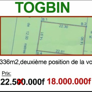 TOGBIN — Parcelle d'Exception de 336 m² à Togbin — En 2ème Position de la Voie